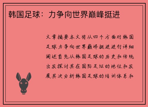 韩国足球：力争向世界巅峰挺进